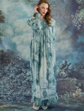 Lillou Maxi Dress Blue-Green Cloud Print Ruffle Neck, Sleeves Smocked Cuffs Sz M